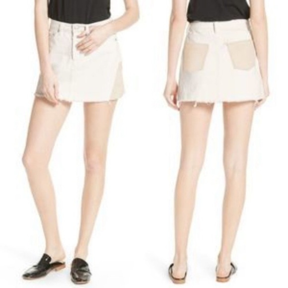 Free People Patched Up Ivory Denim Mini Skirt. Sz 28 - Picture 3 of 13